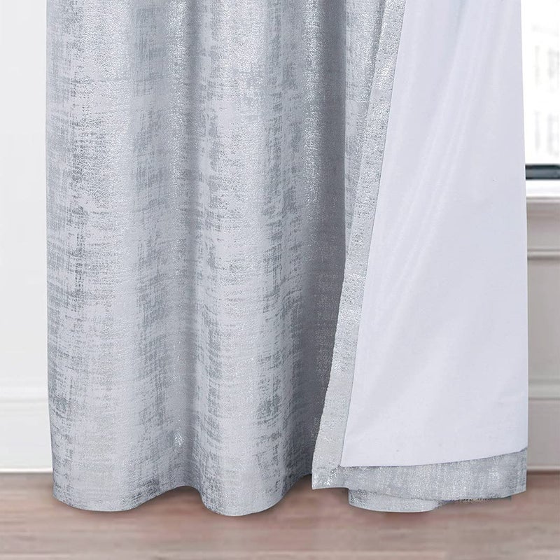 always4u 100% Blackout Soft Velvet Curtains for Bedroom Living Room Thermal Energy Saving 84 Inches Long Luxury Silver Foil Print Drapes 2 Panels Silver - Image 4